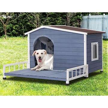 Petsfit Large Dog House with Terrace & Openable Asphalt Roof, 45" L x 54" W x33 H, XL Dog House Outdoor with Elevated Floor, Window & Door Flap, Outdoor Dog House for Large Dogs
