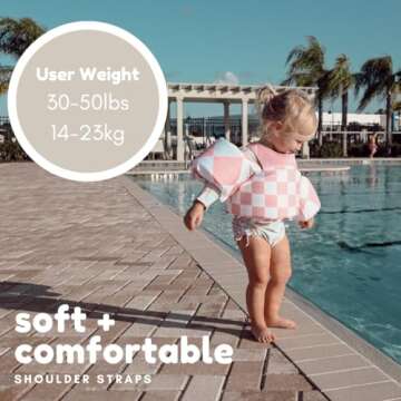 KIDSco Swim Vest for Kids 30-50 lbs | Toddler Swimming Aid with Shoulder Strap and Water Wings | Cute Swim Floaties for Boys and Girls 2 to 6 Years for Pool and Beach (Tan Checkerboard)