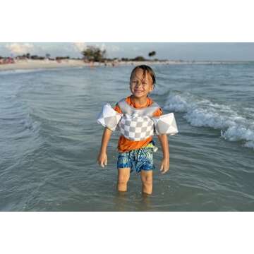 KIDSco Swim Vest for Kids 30-50 lbs | Toddler Swimming Aid with Shoulder Strap and Water Wings | Cute Swim Floaties for Boys and Girls 2 to 6 Years for Pool and Beach (Tan Checkerboard)