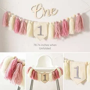 1st Birthday Decorations Girl or Boy First Birthday High Chair Banner 1st Birthday Hat One Cake Topper Sweet and Soft High Chair Banner First Birthday Girl Baby First Birthday Crown (Pink)