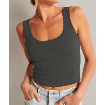 Artfish Women's Sleeveless Shirt Ribbed Fitted Scoop Neck Basic Long Crop Tank Top Square Cotton Charcoal Grey, XS
