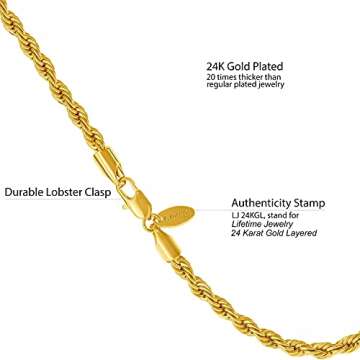 LIFETIME JEWELRY 5mm Rope Chain Anklet for Women & Men 24k Gold Plated Bracelet (Gold, 10)