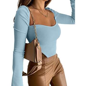 Avanova Women's Long Sleeve Ribbed Knit Crop Top Scoop Neck Asymmetrical Hem Tee Shirt Light Blue Small