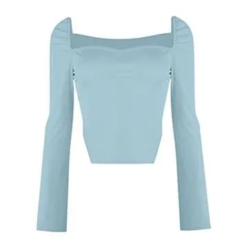 Avanova Women's Long Sleeve Ribbed Knit Crop Top Scoop Neck Asymmetrical Hem Tee Shirt Light Blue Small
