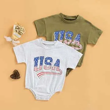 Baby Boy Girl 4th of July Outfit Newborn Oversized USA Romper American Flag Onesie Independence Day Outfit (Retro USA Romper-Grey,6-12 Months)