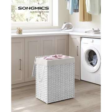 SONGMICS Laundry Hamper with Lid, 23.8 Gallon (90 L) Synthetic Rattan Clothes Laundry Basket with Lid and Handles, Foldable, Removable Liner, Cloud White ULCB51WT