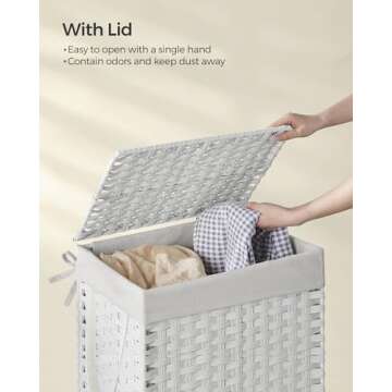SONGMICS Laundry Hamper with Lid, 23.8 Gallon (90 L) Synthetic Rattan Clothes Laundry Basket with Lid and Handles, Foldable, Removable Liner, Cloud White ULCB51WT