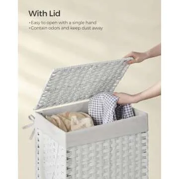 SONGMICS Laundry Hamper with Lid, 23.8 Gallon (90 L) Synthetic Rattan Clothes Laundry Basket with Lid and Handles, Foldable, Removable Liner, Cloud White ULCB51WT