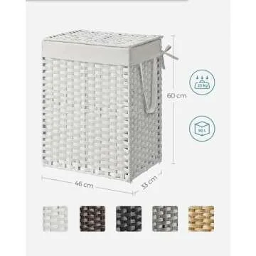 SONGMICS Laundry Hamper with Lid, 23.8 Gallon (90 L) Synthetic Rattan Clothes Laundry Basket with Lid and Handles, Foldable, Removable Liner, Cloud White ULCB51WT
