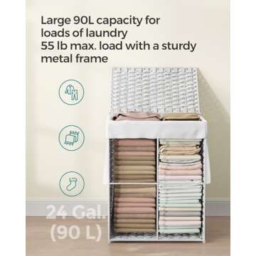 SONGMICS Laundry Hamper with Lid, 23.8 Gallon (90 L) Synthetic Rattan Clothes Laundry Basket with Lid and Handles, Foldable, Removable Liner, Cloud White ULCB51WT