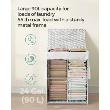 SONGMICS Laundry Hamper with Lid, 23.8 Gallon (90 L) Synthetic Rattan Clothes Laundry Basket with Lid and Handles, Foldable, Removable Liner, Cloud White ULCB51WT
