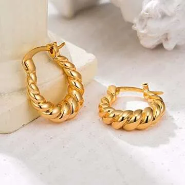 14K Gold Plated Croissant Earrings Twisted Round Hoop Earrings Chunky Hoop Earrings 925 Sterling Silver Post Earrings Huggies with CZ for Women and Gift for Her
