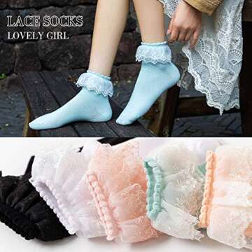 SEMOHOLLI Women Ankle Socks,Pearl Lace Ruffle Frilly Comfortable No-Show Cotton Socks Princess Socks Lace Socks
