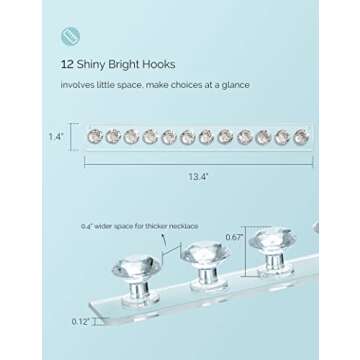 Mymazn 2 Pack Acrylic Necklaces Holder Hanging Jewelry Organizer Wall Mounted Necklace Hangers with 12 Hooks, Clear Jewelry Hangers for Necklace Organizer for Girls Women, Necklace Hooks for Wall