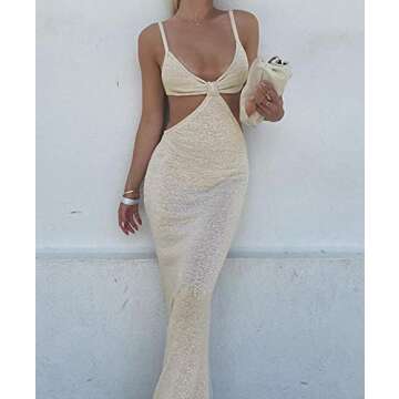 NUFIWI Print Knit Bodycon Dress for Women Y2K Green Hollow Out Midi Dresses Sleeveless 2021 Summer Beach Dress