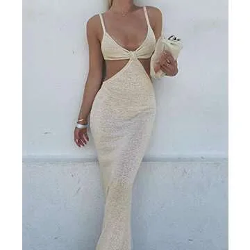 NUFIWI Print Knit Bodycon Dress for Women Y2K Green Hollow Out Midi Dresses Sleeveless 2021 Summer Beach Dress