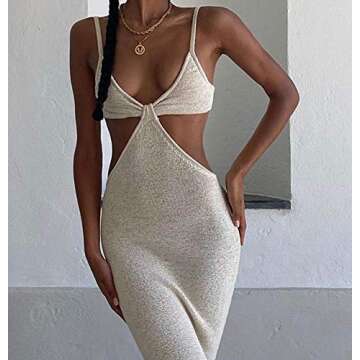 NUFIWI Print Knit Bodycon Dress for Women Y2K Green Hollow Out Midi Dresses Sleeveless 2021 Summer Beach Dress