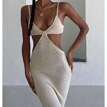 NUFIWI Print Knit Bodycon Dress for Women Y2K Green Hollow Out Midi Dresses Sleeveless 2021 Summer Beach Dress