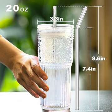 Glass Cups with Lids and Straws, 20 OZ Multi Iced Coffee Glasses Tumblers for Ice Water, Juice, Tea, Milk, Smoothie and Cold or Hot Drinks, Set of 2