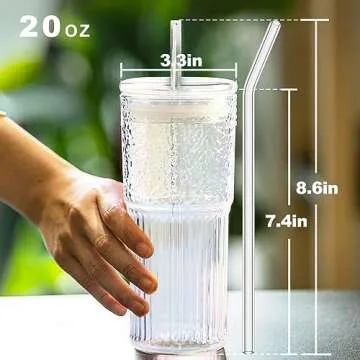 Glass Cups with Lids and Straws, 20 OZ Multi Iced Coffee Glasses Tumblers for Ice Water, Juice, Tea, Milk, Smoothie and Cold or Hot Drinks, Set of 2