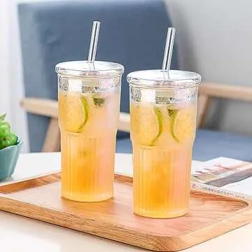 Glass Cups with Lids and Straws, 20 OZ Multi Iced Coffee Glasses Tumblers for Ice Water, Juice, Tea, Milk, Smoothie and Cold or Hot Drinks, Set of 2