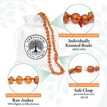 Ambercalm Baltic Amber Necklace - Raw Unpolished Amber Baroque w/Certified Genuine Baltic Amber Cognac 12.5 Inches