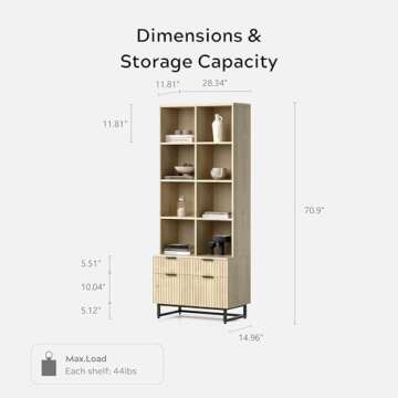 EYYTHUNG Fluted Bookshelves with Drawers Set of 2 - 71" Tall Bookcases for Modern Storage