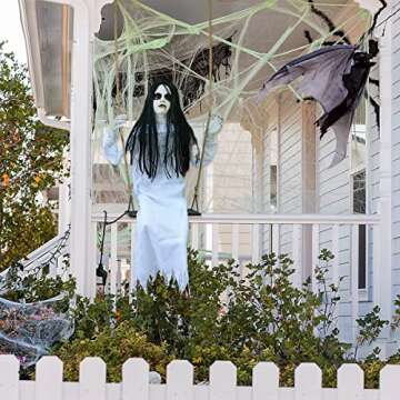PARTYGEARS Halloween Decorations Props Hanging Swinging Girl with Creepy Expressions, Hanging Ghosts The Best Indoor and Outdoor Decorations for Halloween(White)
