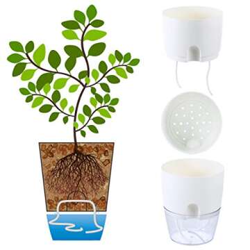 UltraOutlet 4 Inch Pots for Plants 5 Pack Self Watering Pots Indoor Flower Pots Plastic Planter Pots with a Watering Bottle