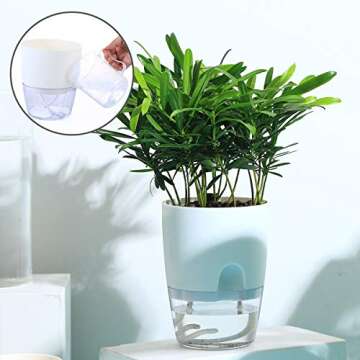 UltraOutlet 4 Inch Pots for Plants 5 Pack Self Watering Pots Indoor Flower Pots Plastic Planter Pots with a Watering Bottle