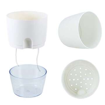 UltraOutlet 4 Inch Pots for Plants 5 Pack Self Watering Pots Indoor Flower Pots Plastic Planter Pots with a Watering Bottle