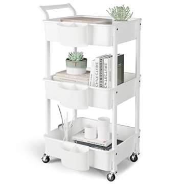3-Tier Utility Rolling Cart,Mobile Utility Cart with Lockable Caster Wheels,Storage Shelves Organize...