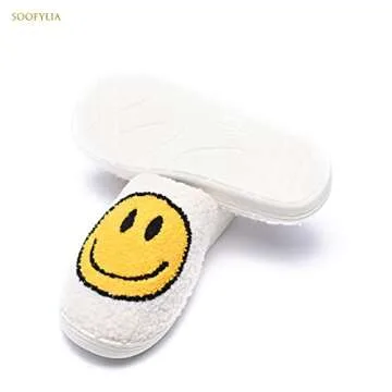 Cute Smile Face Slippers for Women and Men,Soft Plush Comfy Warm Couple Slip-On House Happy Face Slippers For Winter Indoor Outdoor Smile Slippers Non-slip Fuzzy Flat Slides White Yellow 4041