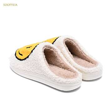 Cute Smile Face Slippers for Women and Men,Soft Plush Comfy Warm Couple Slip-On House Happy Face Slippers For Winter Indoor Outdoor Smile Slippers Non-slip Fuzzy Flat Slides White Yellow 4041