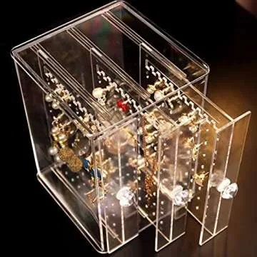 Sooyee Clear Acrylic Jewelry Storage Box,3 Vertical Drawer Earrings Display Stand Holder, Transparent 216 Holes 33 Grooves Screen Hanger Organizer for Stud Earring and Necklace,Dustproof