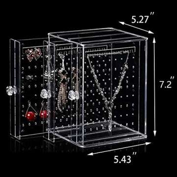 Sooyee Clear Acrylic Jewelry Storage Box,3 Vertical Drawer Earrings Display Stand Holder, Transparent 216 Holes 33 Grooves Screen Hanger Organizer for Stud Earring and Necklace,Dustproof