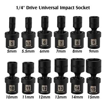 MIXPOWER 12 Pieces 1/4" Drive Metric Shallow Universal Impact Socket Set, CR-MO, Swivel Socket with Flexible Wobble, 5mm - 15mm