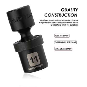 MIXPOWER 12 Pieces 1/4" Drive Metric Shallow Universal Impact Socket Set, CR-MO, Swivel Socket with Flexible Wobble, 5mm - 15mm