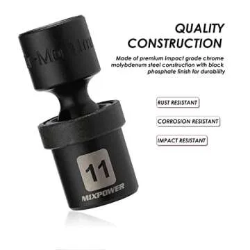 MIXPOWER 12 Pieces 1/4" Drive Metric Shallow Universal Impact Socket Set, CR-MO, Swivel Socket with Flexible Wobble, 5mm - 15mm