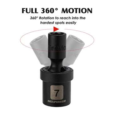 MIXPOWER 12 Pieces 1/4" Drive Metric Shallow Universal Impact Socket Set, CR-MO, Swivel Socket with Flexible Wobble, 5mm - 15mm