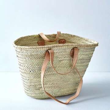 FRENCH BASKET with double flat leather handles, straw bag, beach bag, basket bag, straw basket, shop...