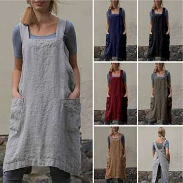 YESDOOD Cotton Linen Apron Cross Back Apron for Women with Pockets Pinafore Dress for Baking Cooking