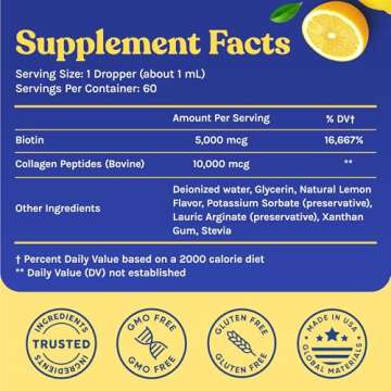 Concentrated Liquid Collagen Peptides Supplement - Hair, Skin, Nail, Joints Support - Sublingual Drops by WINDSOR BOTANICALS - 10,000mcg Collagen, 5,000mcg Biotin - Lemon Flavor - 2-Month - 2 oz