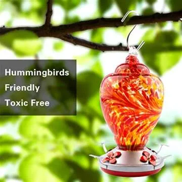 WOSIBO Hummingbird Feeder for Outdoors Patio Large 32 Ounces Colorful Hand Blown Glass Hummingbird Feeder with Ant Moat Hanging Hook, Rope, Brush and Service Card (RED)