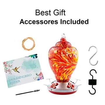 WOSIBO Hummingbird Feeder for Outdoors Patio Large 32 Ounces Colorful Hand Blown Glass Hummingbird Feeder with Ant Moat Hanging Hook, Rope, Brush and Service Card (RED)
