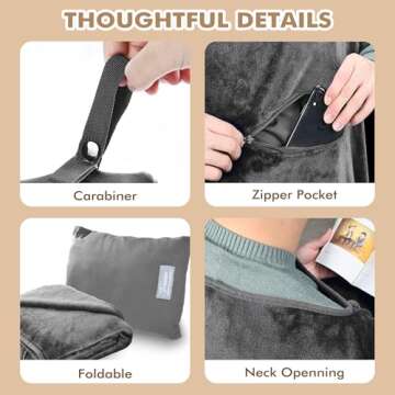 Tirrinia Travel Blanket Airplane Office Poncho 4 in 1 Premium Cozy Fleece Portable Poncho Blankets with Built-in Bag, Pocket