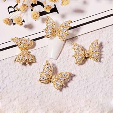 Tinsow 4 Pcs Nail Diamond Metal Nail Art Butterfly Jewelry Crystal Strass Moving Wings Butterfly Nail Diamond Stones Wedding Charms Accessories (Gold)
