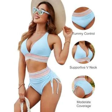 Blooming Jelly Womens High Waisted Bikini Tummy Control Swimsuits Two Piece Drawstring Bathing Suit (M, Blue)