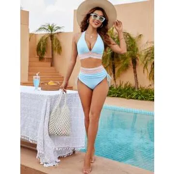 Blooming Jelly Womens High Waisted Bikini Tummy Control Swimsuits Two Piece Drawstring Bathing Suit (M, Blue)