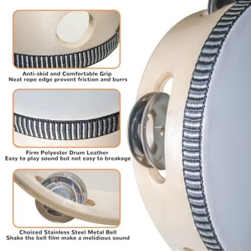 YAYUZEST Tambourine for Adults Hand Held Tambourine Drum, Wooden Tambourine Metal Jingles Percussion Single Row Hand Tambourines for Church KTV Party (4 Inch)